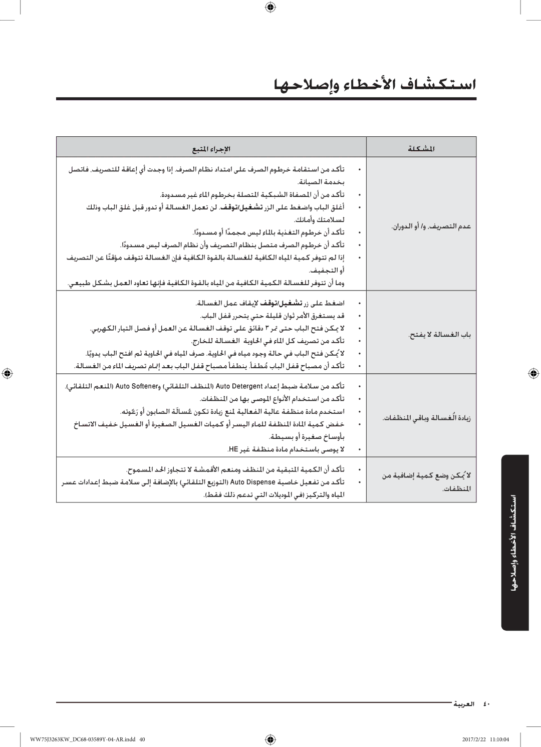 Samsung WW50J3063LW/YL, WW75J3263KW/YL, WW60J3063KW/YL manual استكشافو الأخطأاء وإصلاح 