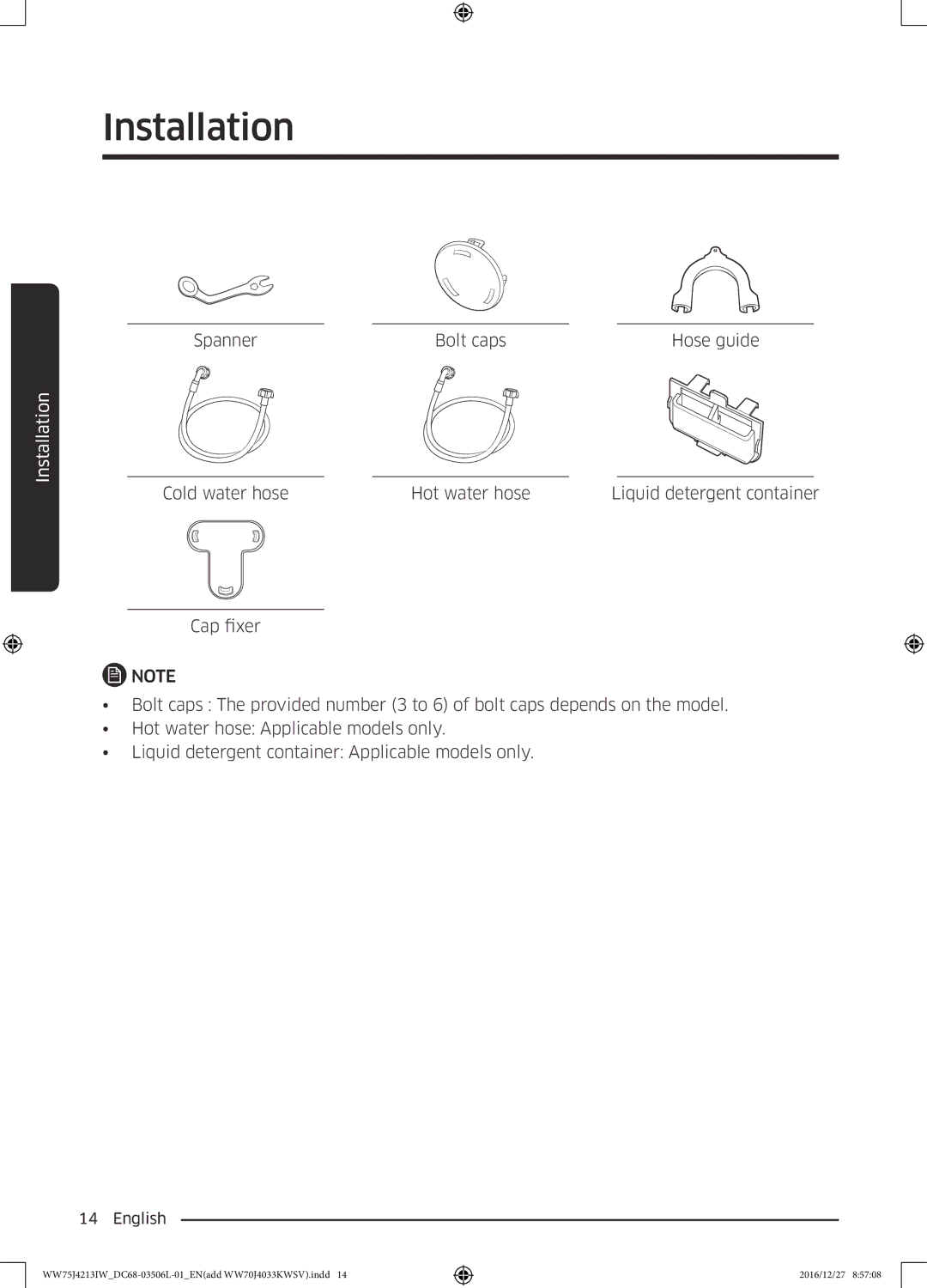 Samsung WW75J4213IW/SV manual Spanner Bolt caps Hose guide 