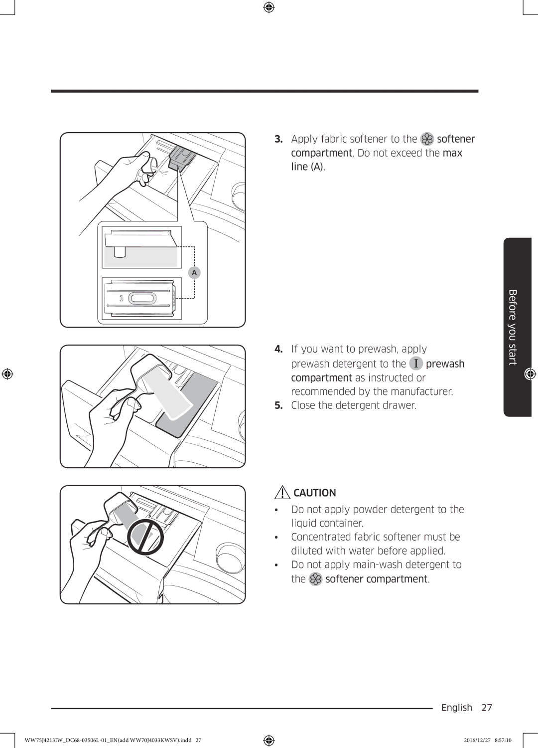 Samsung WW75J4213IW/SV manual Before you start 