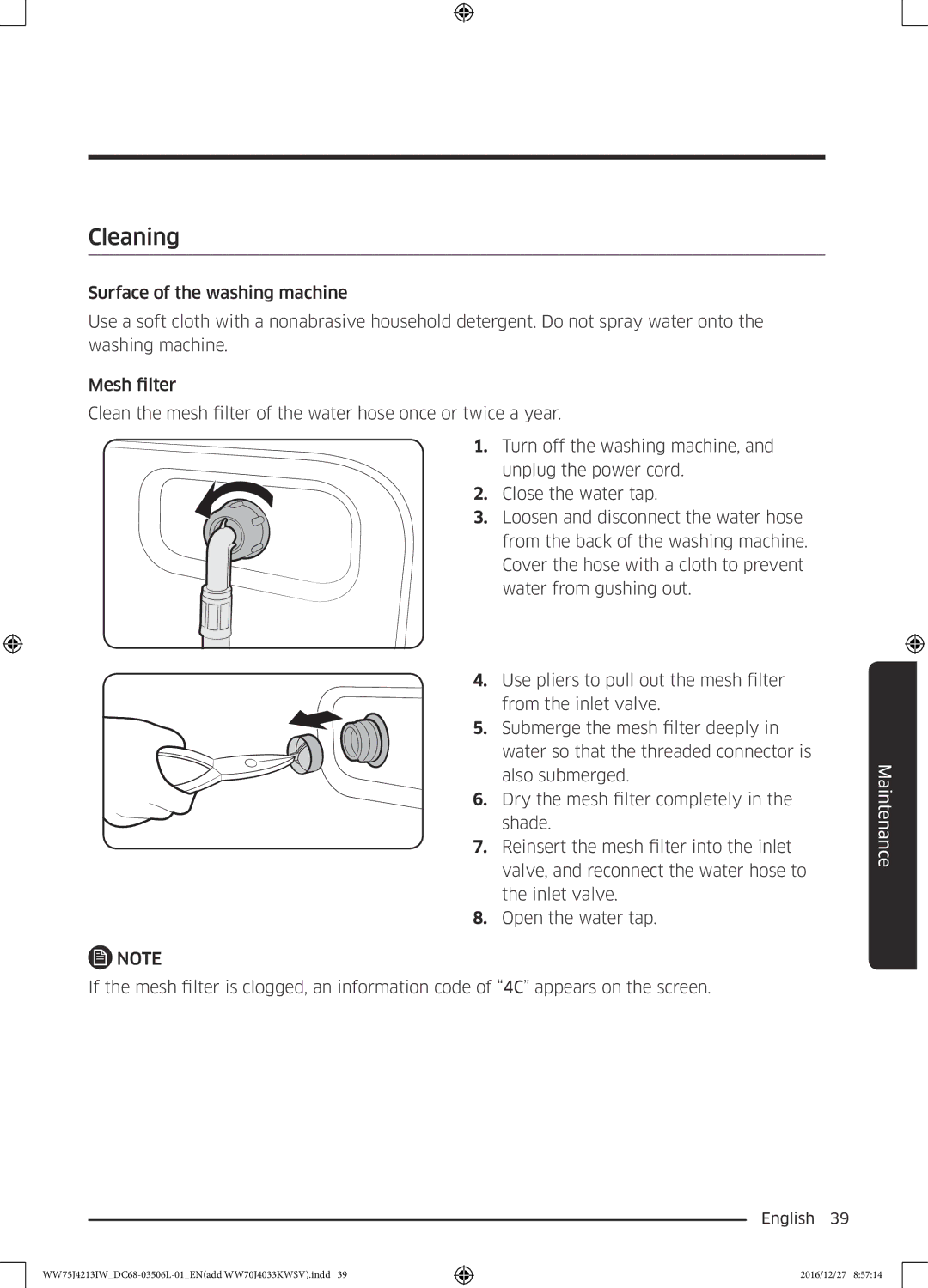 Samsung WW75J4213IW/SV manual Cleaning 