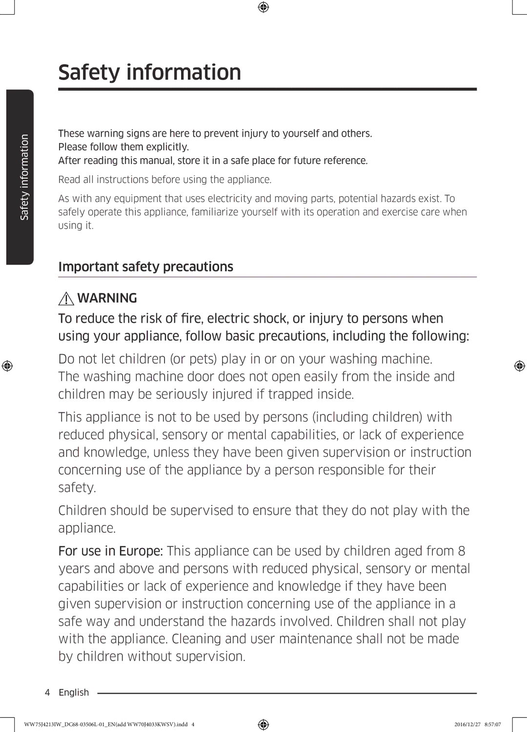 Samsung WW75J4213IW/SV manual Safety information 