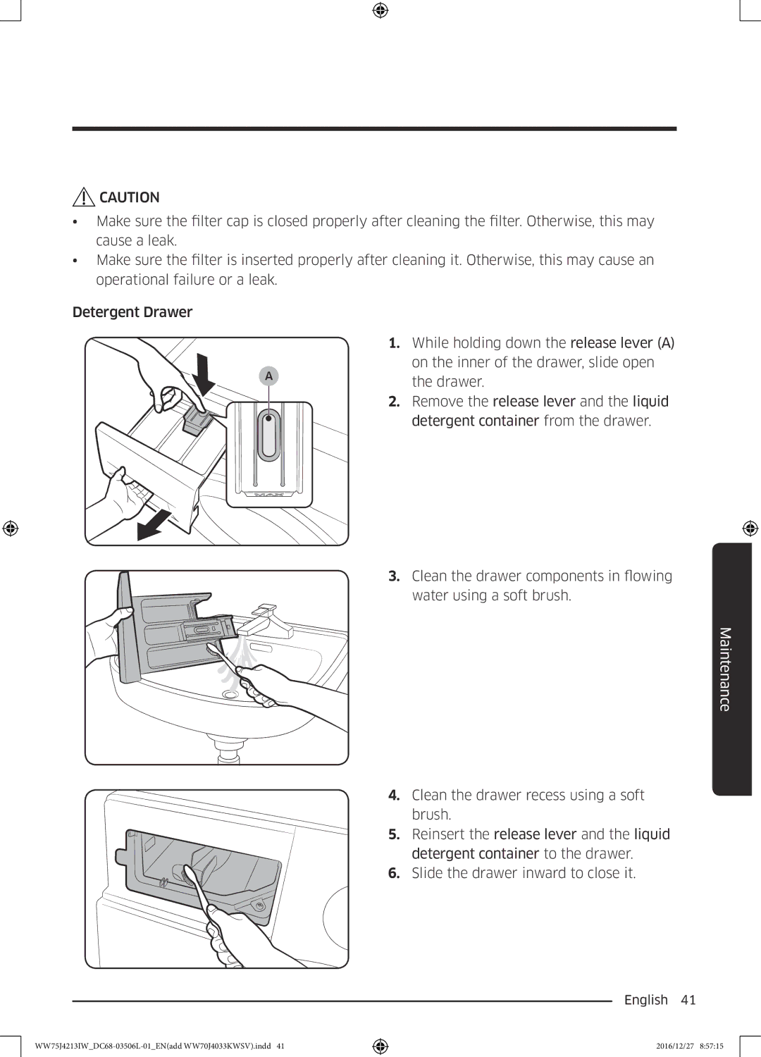 Samsung WW75J4213IW/SV manual Maintenance 