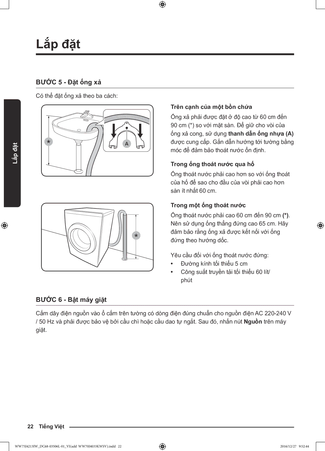 Samsung WW75J4213IW/SV manual Trên cạnh của mộ̣t bồ̀n chứa, Trong ống thoát nước qua hố, Trong mộ̣t ống thoát nước 