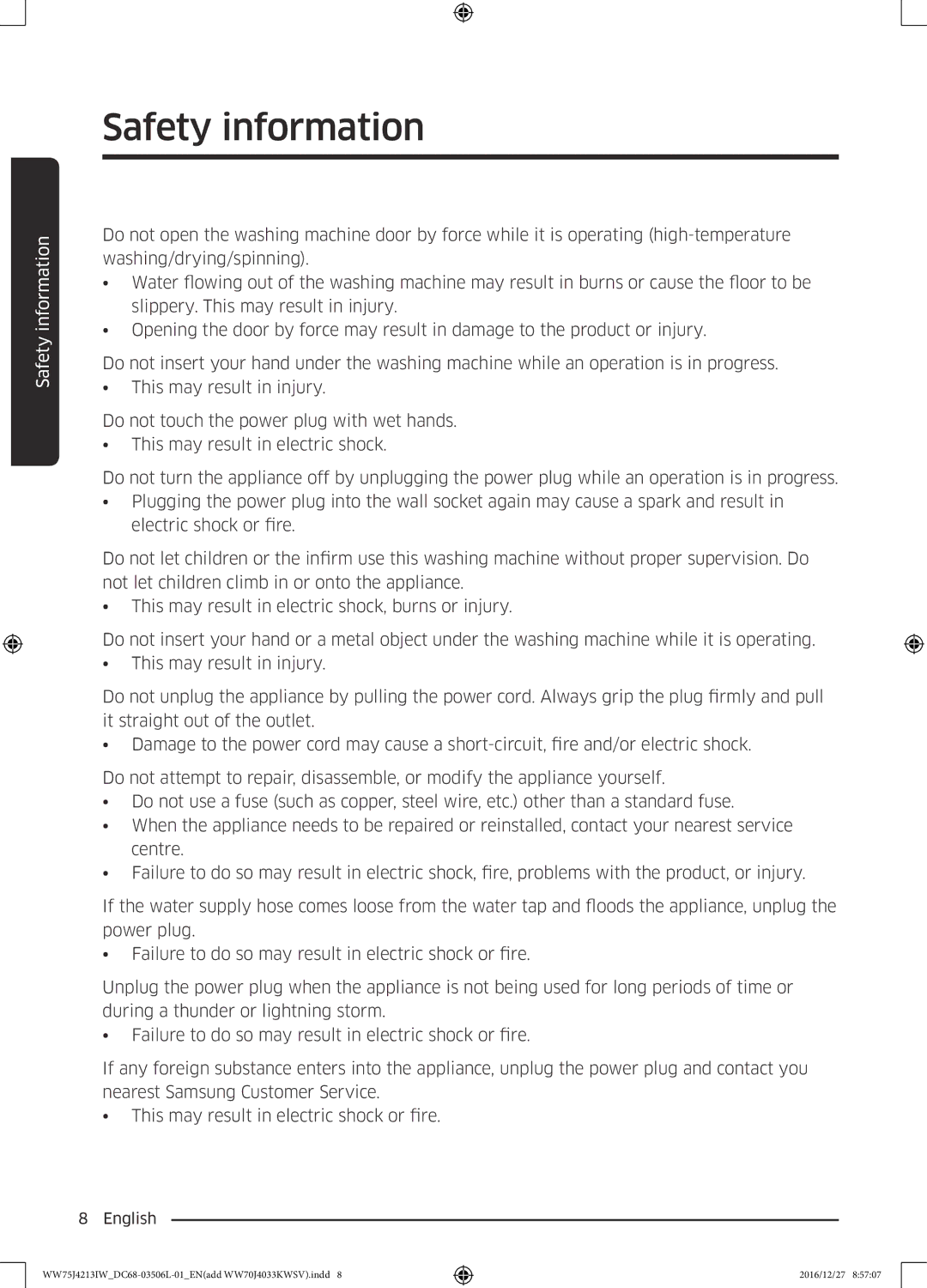 Samsung WW75J4213IW/SV manual Safety information 