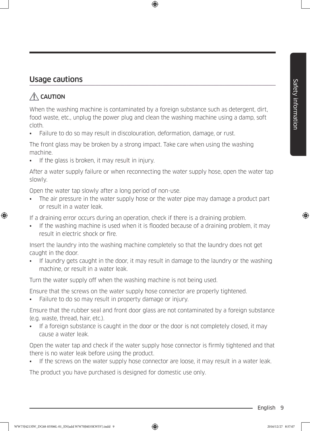 Samsung WW75J4213IW/SV manual Usage cautions 