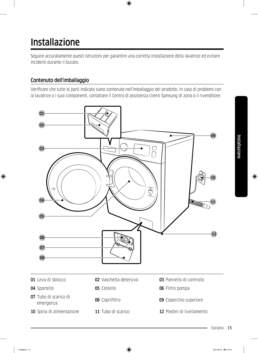 Samsung WW90J5255MW/ET, WW75J5255FW/ET, WW80J5445FW/ET, WW70J5245DW/ET manual Installazione, Contenuto dellimballaggio 