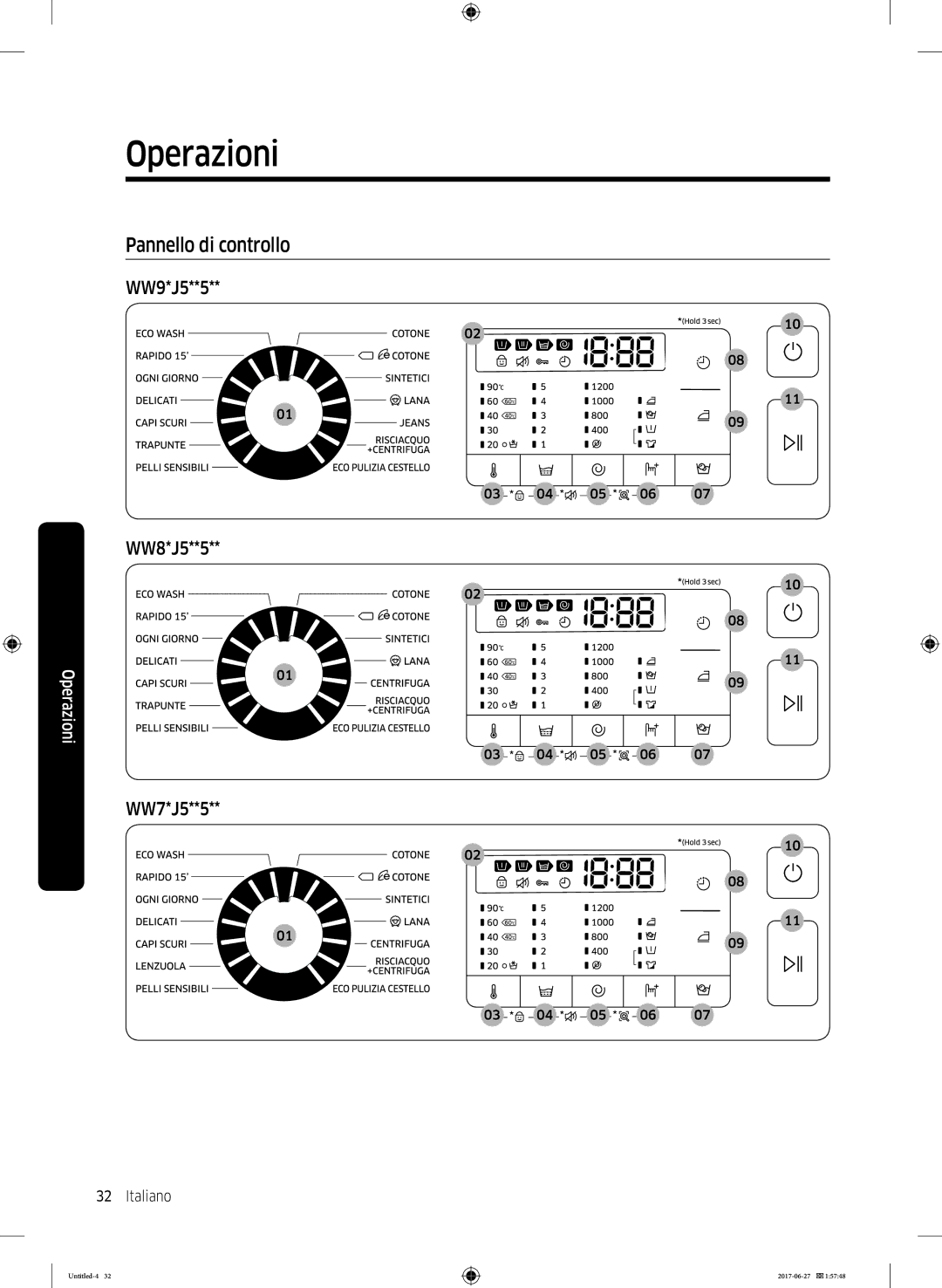 Samsung WW70J5245DW/ET, WW75J5255FW/ET, WW80J5445FW/ET Operazioni, Pannello di controllo, WW9*J5**5, WW8*J5**5 WW7*J5**5 