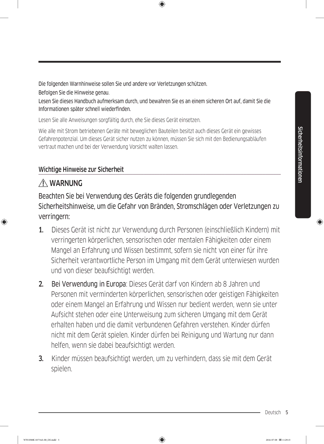 Samsung WW70K44205W/EG, WW7AK44205W/EG, WW90K44205W/EG, WW90K4420YW/EG manual Warnung, Wichtige Hinweise zur Sicherheit 