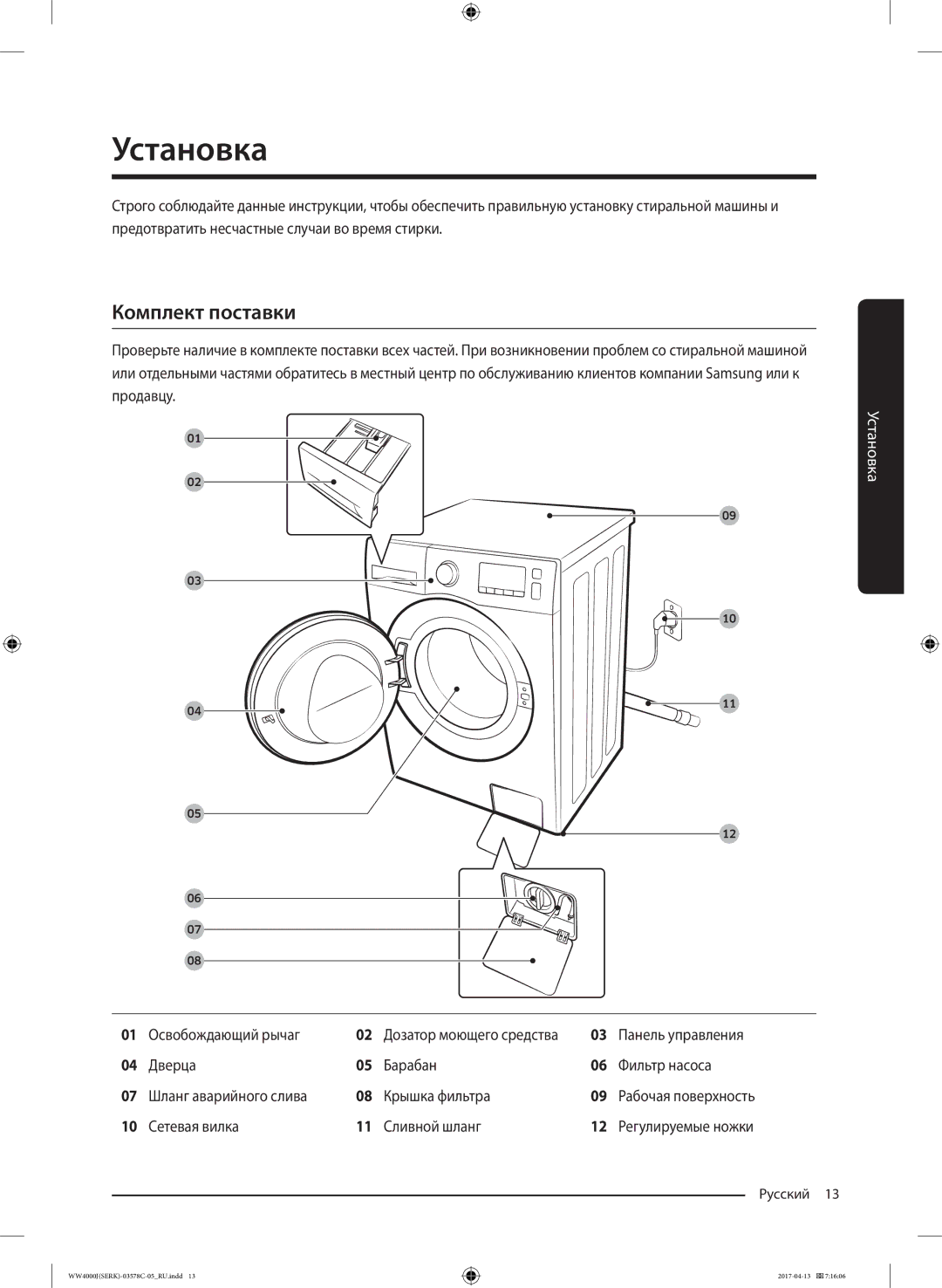 Samsung WW60J4260JWDLP, WW7MJ4210HSDLP manual Установка, Комплект поставки, Освобождающий рычаг, Сетевая вилка Сливной шланг 