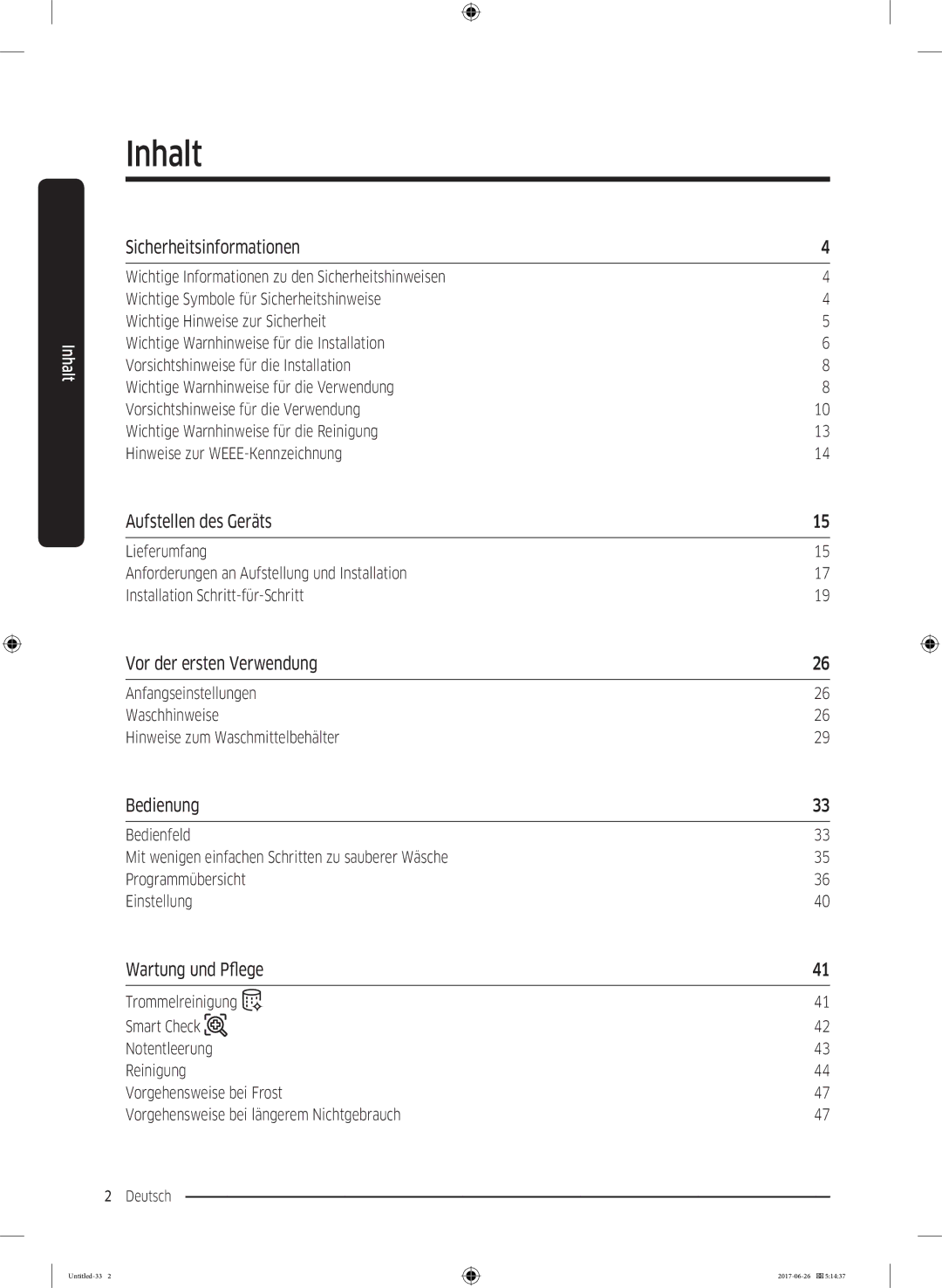 Samsung WW71J5436FW/EG, WW7XJ5426DA/EG, WW7TJ5426FW/EG, WW81J5436FW/EG manual Inhalt 