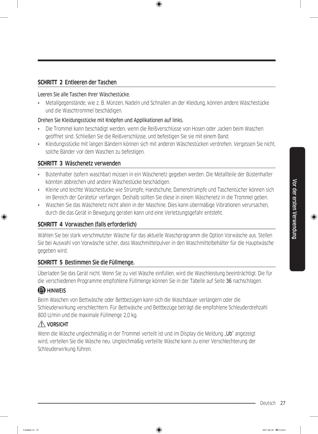 Samsung WW81J5436FW/EG, WW7XJ5426DA/EG, WW7TJ5426FW/EG manual Schritt 2 Entleeren der Taschen, Schritt 3 Wäschenetz verwenden 