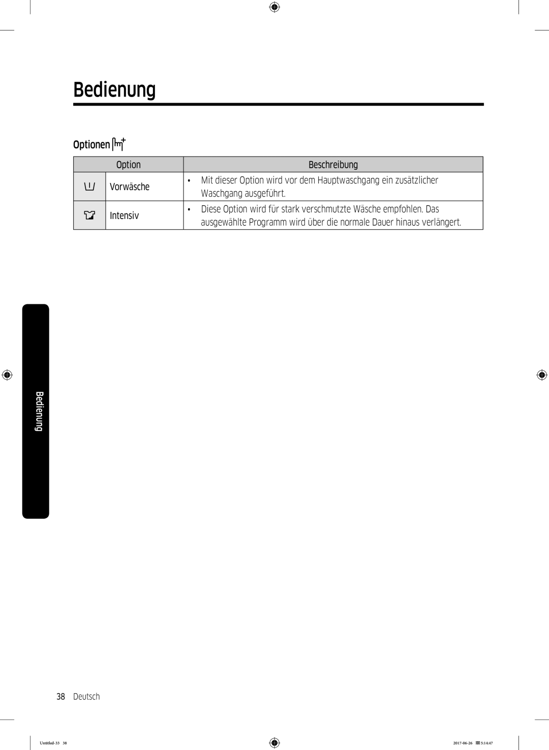 Samsung WW71J5436FW/EG, WW7XJ5426DA/EG, WW7TJ5426FW/EG, WW81J5436FW/EG manual Optionen 