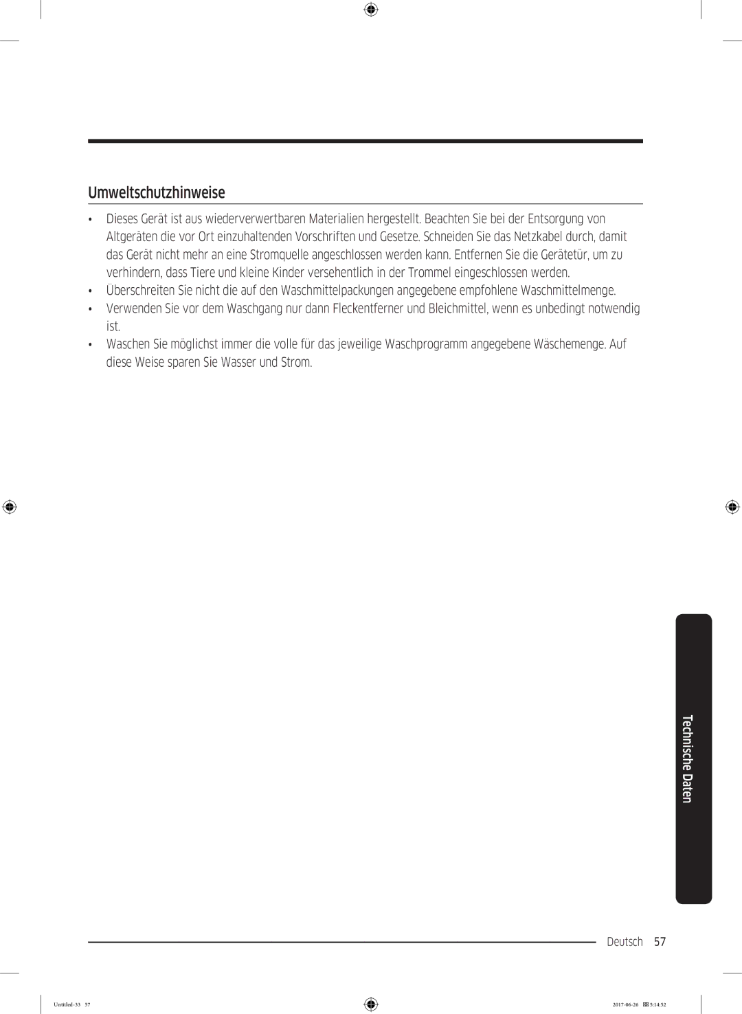 Samsung WW7TJ5426FW/EG, WW7XJ5426DA/EG, WW71J5436FW/EG, WW81J5436FW/EG manual Umweltschutzhinweise 