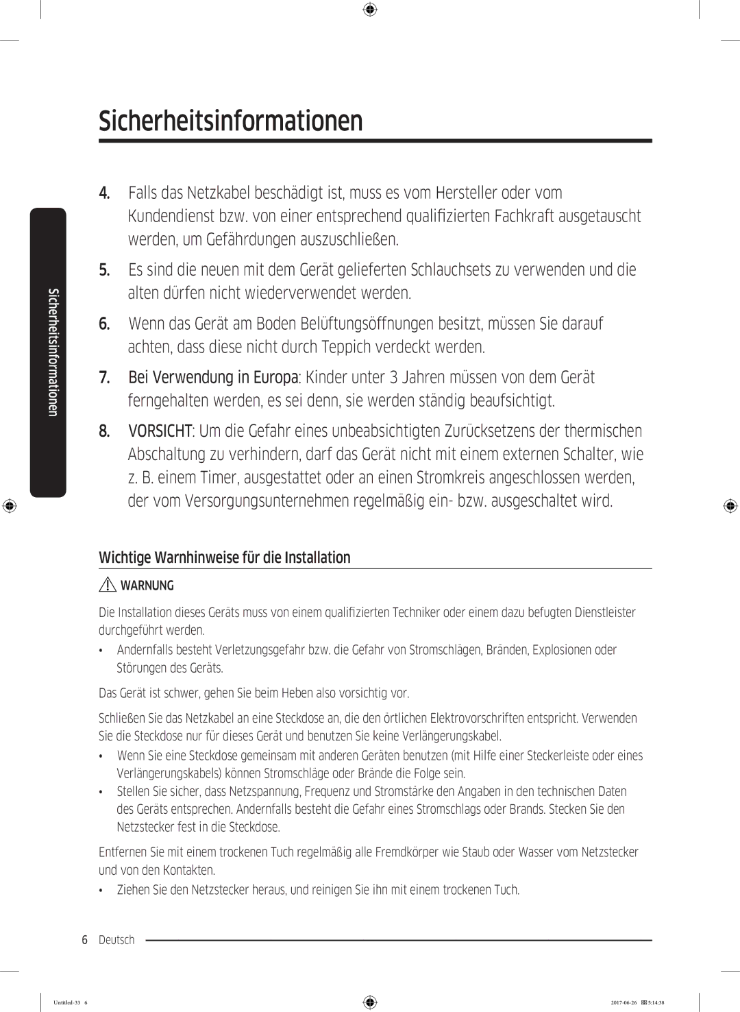 Samsung WW71J5436FW/EG, WW7XJ5426DA/EG, WW7TJ5426FW/EG, WW81J5436FW/EG manual Wichtige Warnhinweise für die Installation 