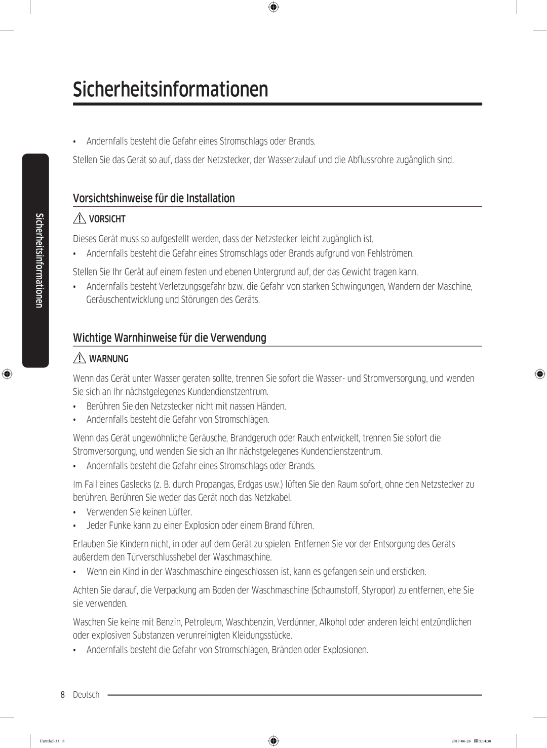 Samsung WW7XJ5426DA/EG, WW7TJ5426FW/EG Vorsichtshinweise für die Installation, Wichtige Warnhinweise für die Verwendung 