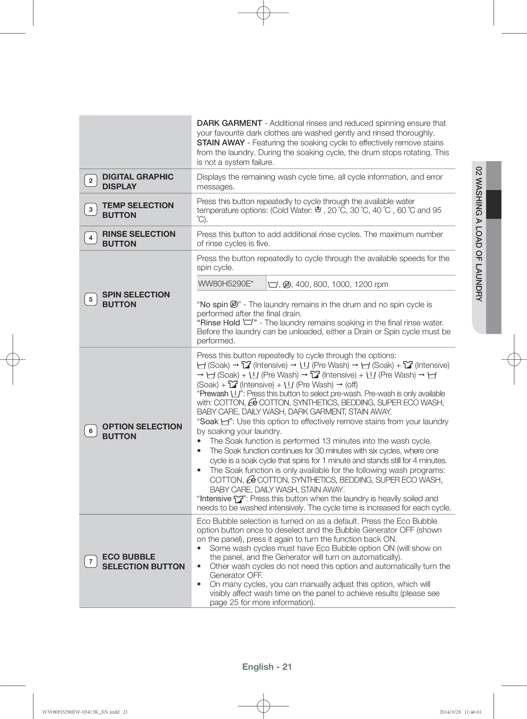 Samsung WW80H5290EW/SV manual Temp Selection, Spin Selection Button, Option Selection 