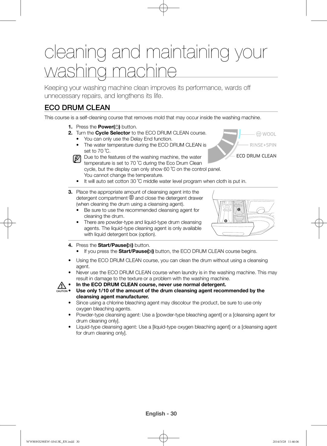 Samsung WW80H5290EW/SV manual Cleaning and maintaining your washing machine, Eco Drum Clean 