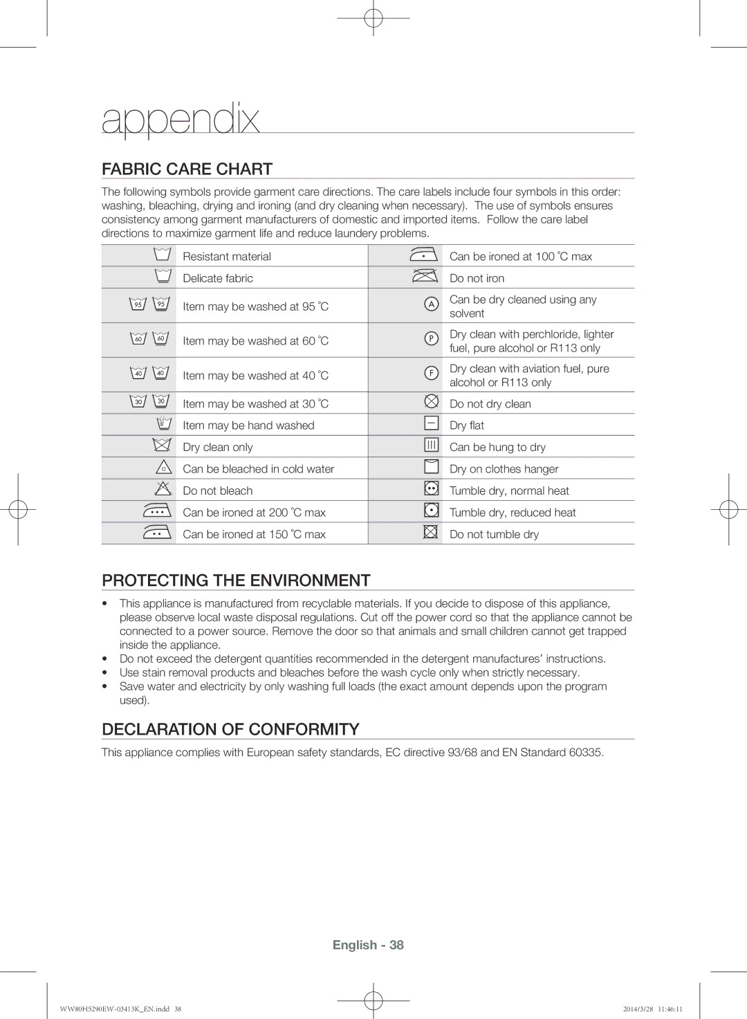 Samsung WW80H5290EW/SV manual Appendix, Fabric care chart, Protecting the environment, Declaration of conformity 