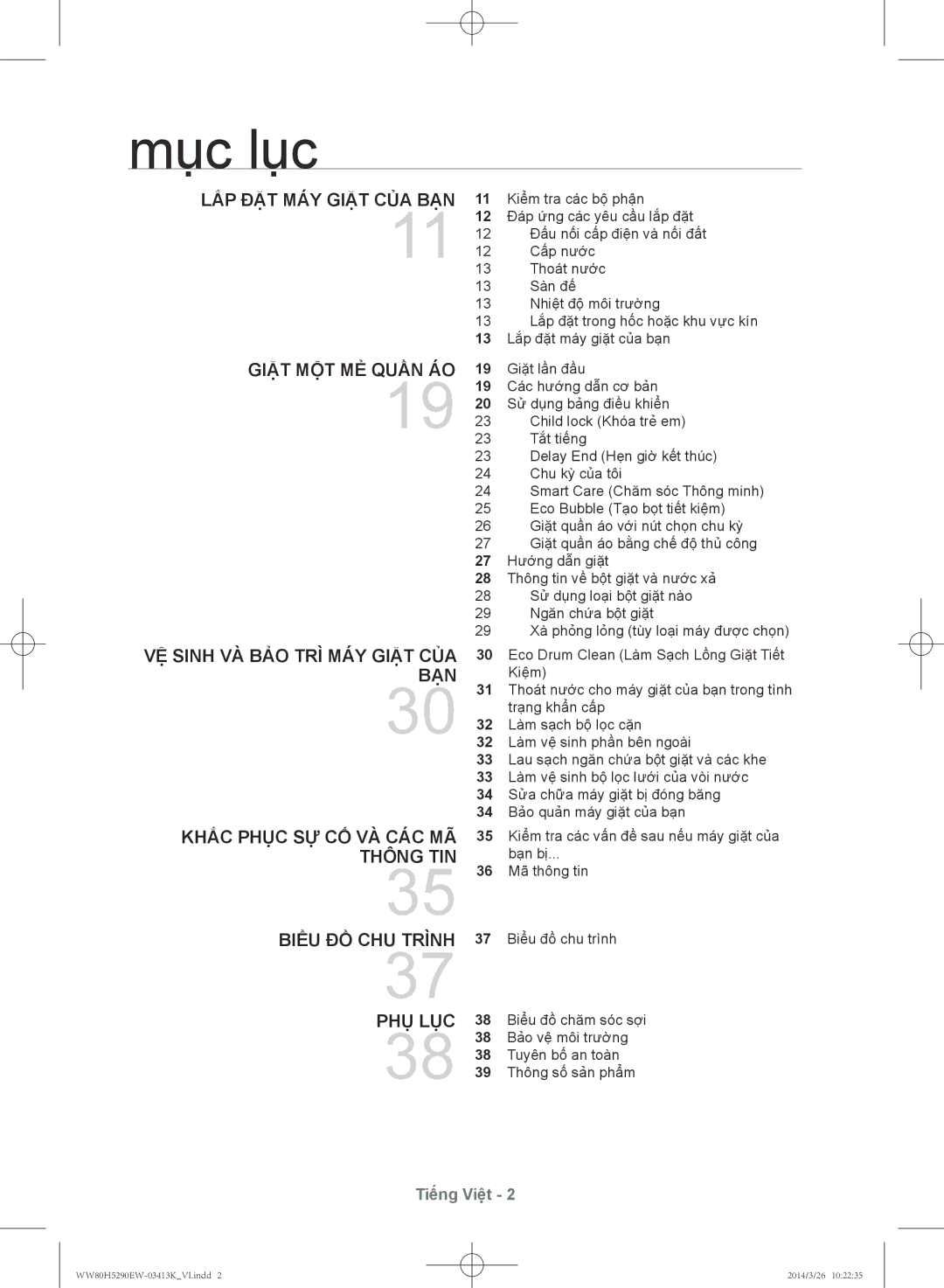 Samsung WW80H5290EW/SV manual Mục lục 