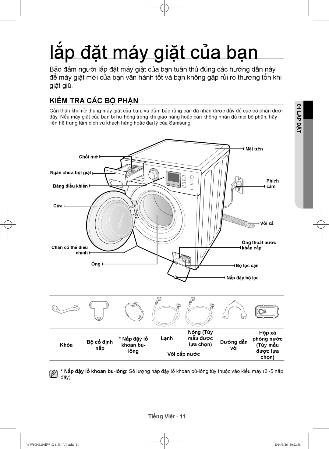 Samsung WW80H5290EW/SV manual Lắp đặt máy giặt của bạn, Kiểm tra các bộ phận, 01 lắp đặt 