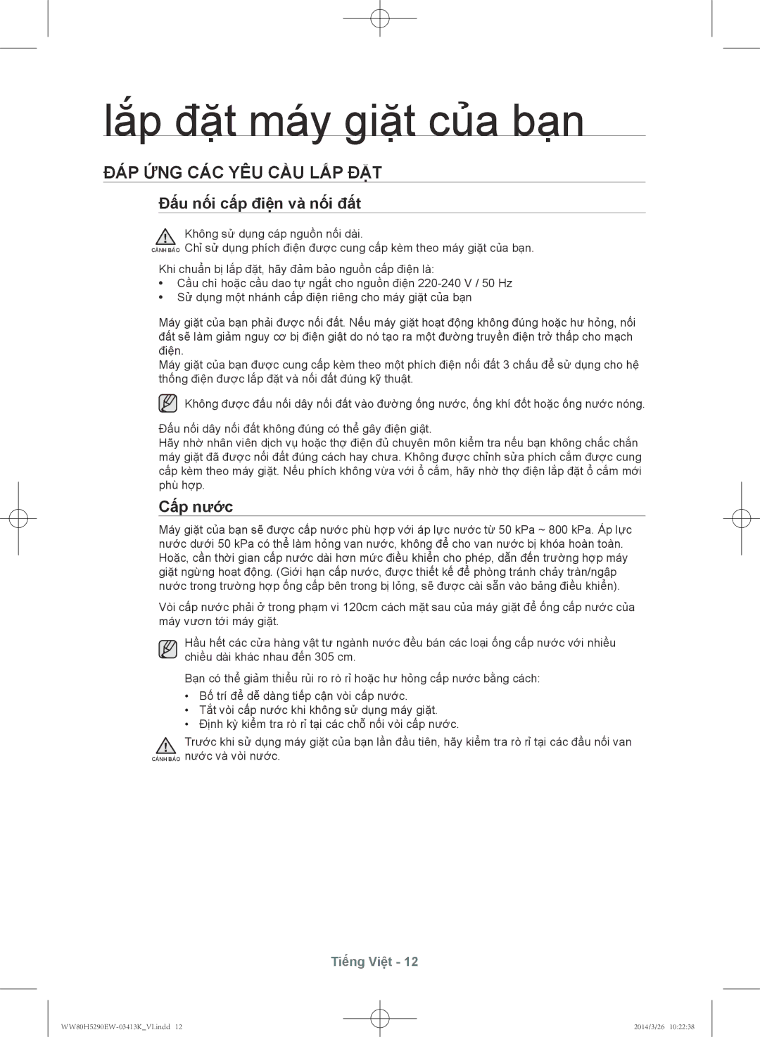 Samsung WW80H5290EW/SV manual Đáp ứng các yêu cầu lắp đặt, Đấu nố́i cấp điện và nố́i đất, Cấp nước 