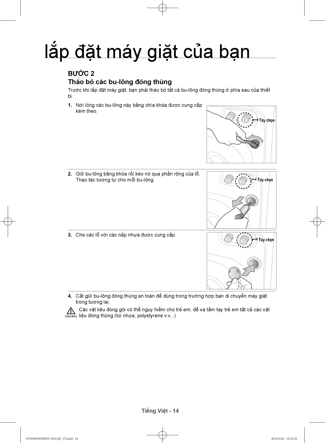 Samsung WW80H5290EW/SV manual Thao bỏ cac bu-lông đóng thùng 