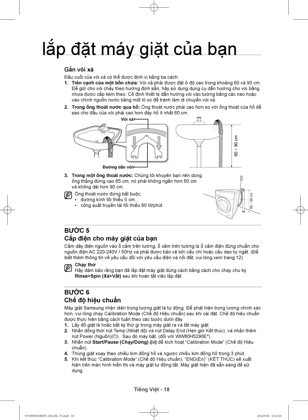 Samsung WW80H5290EW/SV manual Cấp điện cho máy giặt của bạn, Chê độ hiêu chuân, Chạy thử 