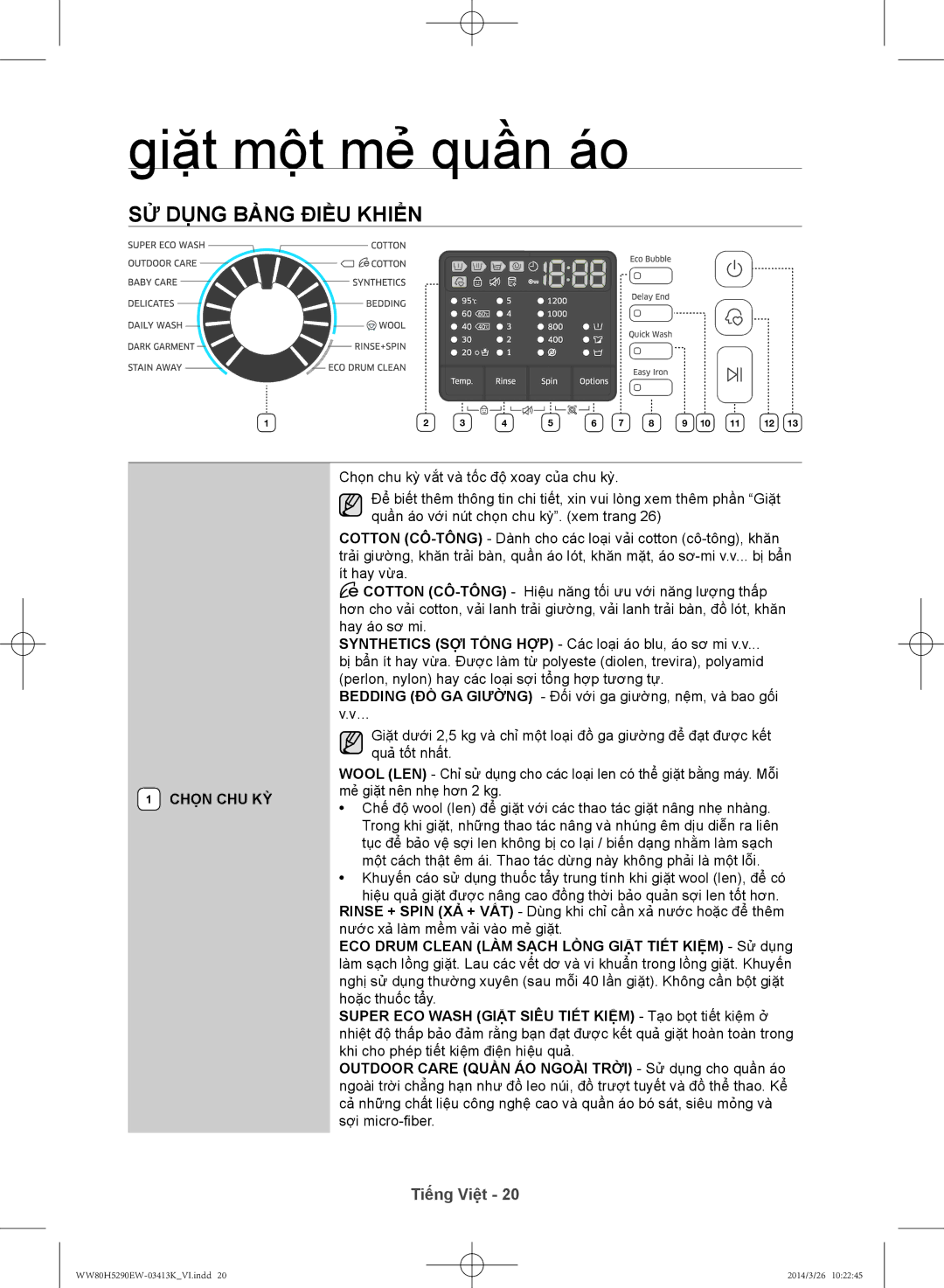 Samsung WW80H5290EW/SV manual Sử dụng bảng điều khiển, Chọn CHU KỲ 