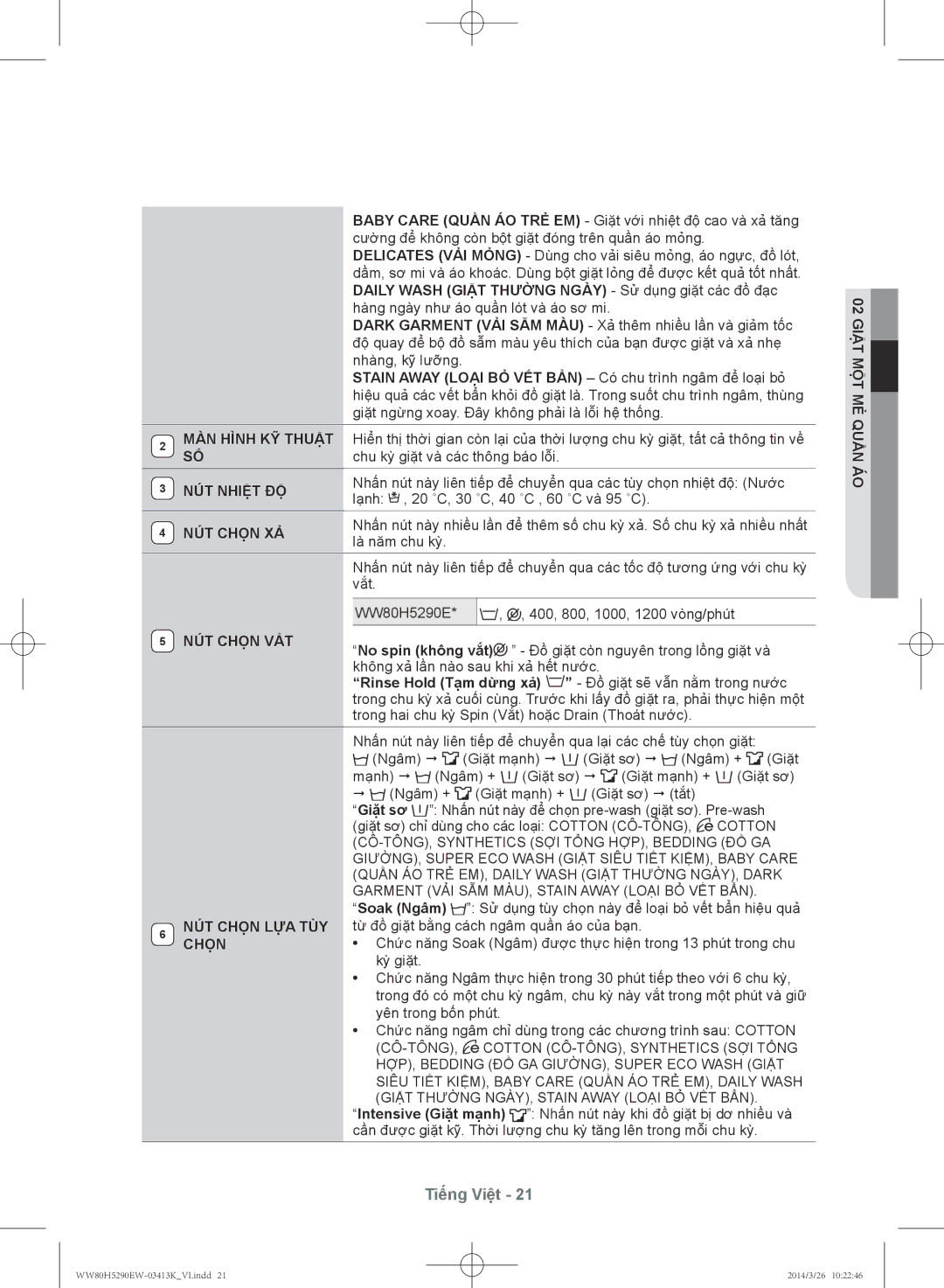 Samsung WW80H5290EW/SV manual NÚT Nhiệt ĐỘ, NÚT Chọn XẢ, NÚT Chọn VẮT, NÚT Chọn LỰA TÙY 