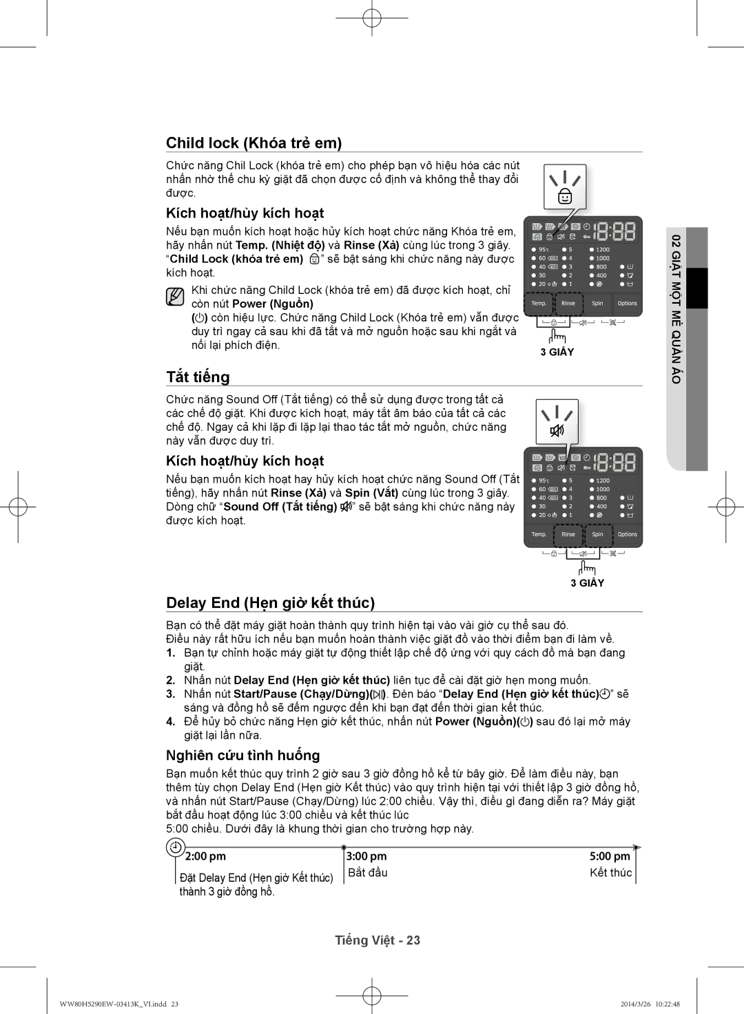 Samsung WW80H5290EW/SV manual Child lock Khóa trẻ em, Tắ́t tiếng, Delay End Hẹn giờ kết thúc, Còn nút Power Nguồ̀n, 500 pm 