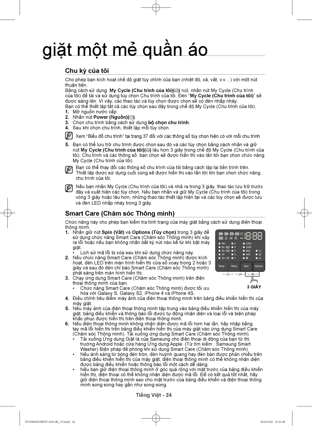 Samsung WW80H5290EW/SV manual Chu kỳ của tôi, Smart Care Chăm soc Thông minh 