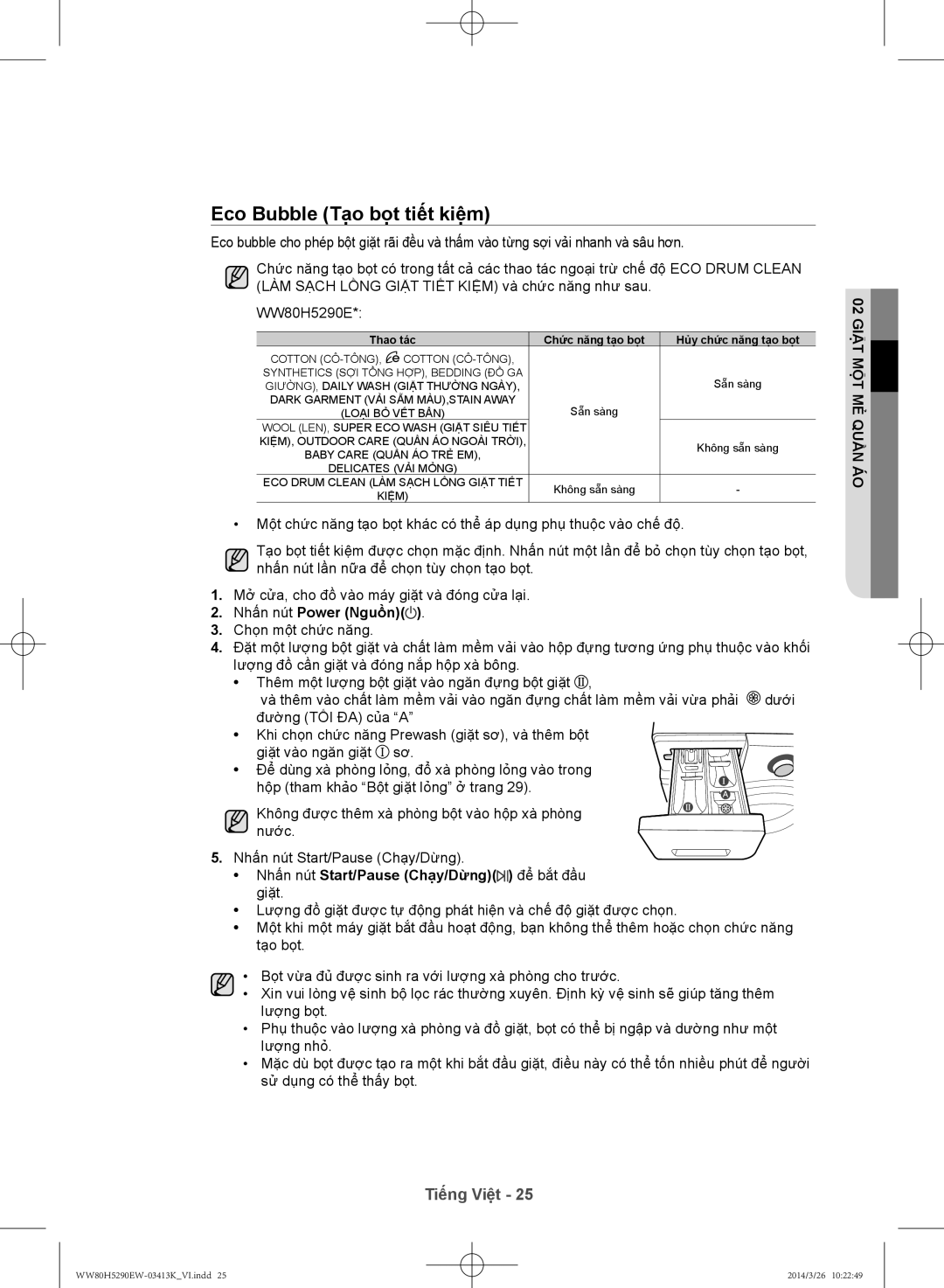 Samsung WW80H5290EW/SV manual Eco Bubble Tạo bọt tiết kiệm, Nhấn nút Start/Pause Chạy/Dừng để bắt đầu giặt 