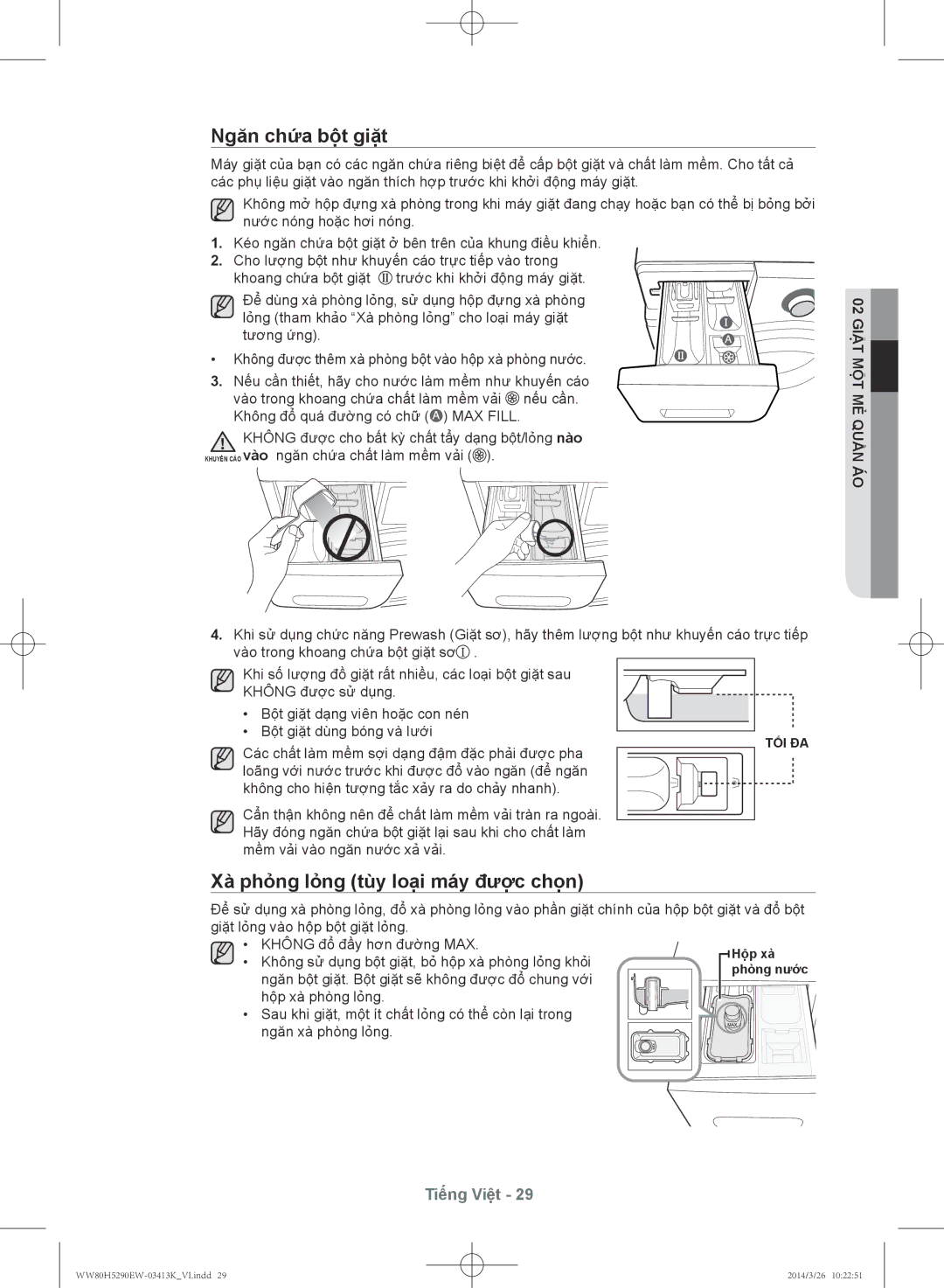 Samsung WW80H5290EW/SV manual Ngăn chứa bộ̣t giặt, Xà phỏ̉ng lỏ̉ng tùy loại máy được chọn 