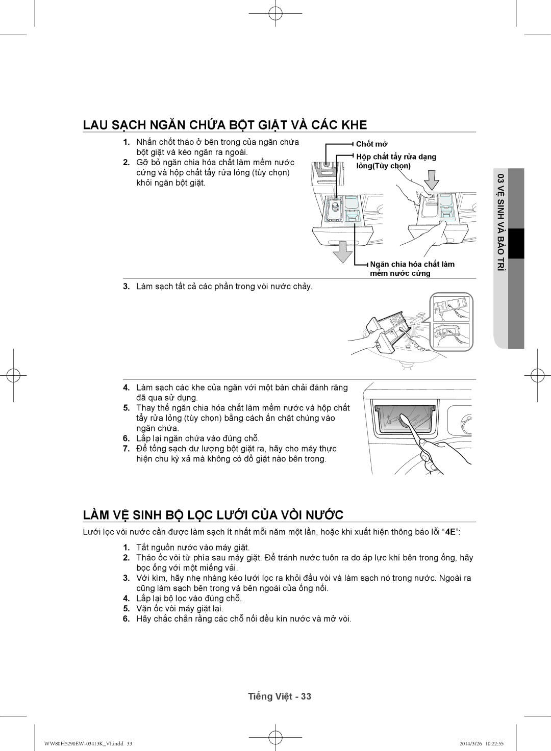 Samsung WW80H5290EW/SV manual Lau sạch ngăn chứa bột giặt và các khe, Làm vệ sinh bộ lọc lưới của vòi nước 