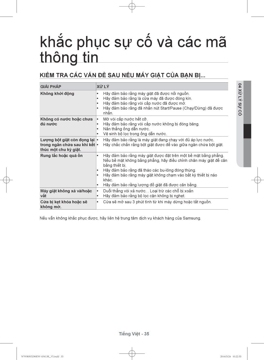 Samsung WW80H5290EW/SV manual Khắc phục sự cố và các mã thông tin, Kiểm tra các vấn đề sau nếu máy giặt của bạn bị 