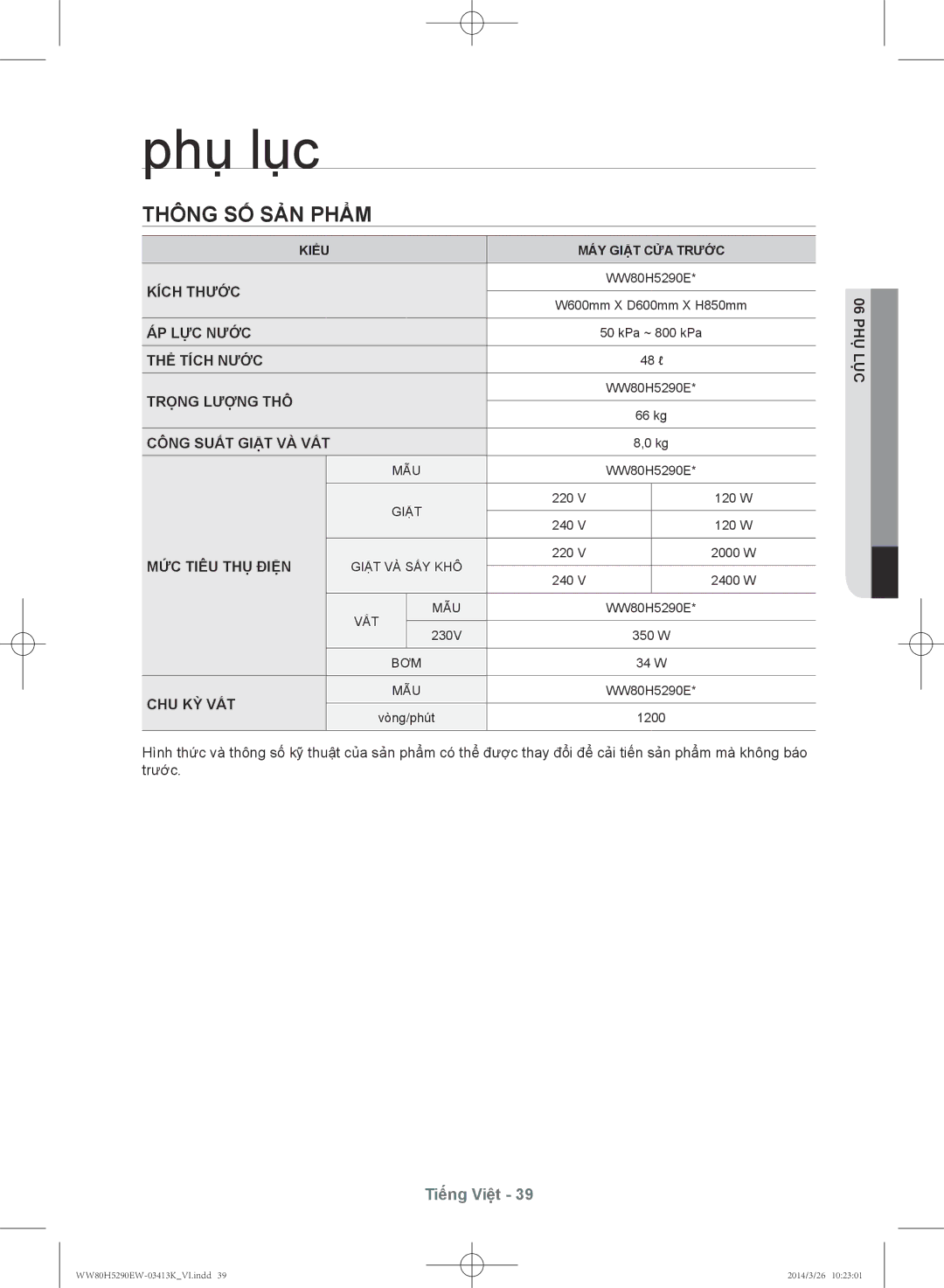 Samsung WW80H5290EW/SV manual Thông số sản phẩ̉m 