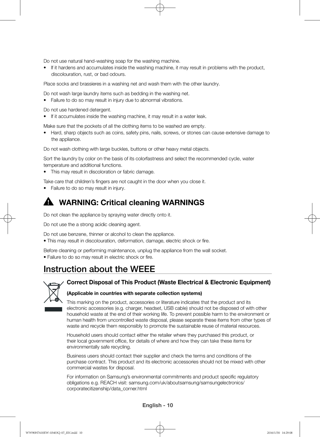 Samsung WW80H7410EW/EU manual Instruction about the Weee, Applicable in countries with separate collection systems 