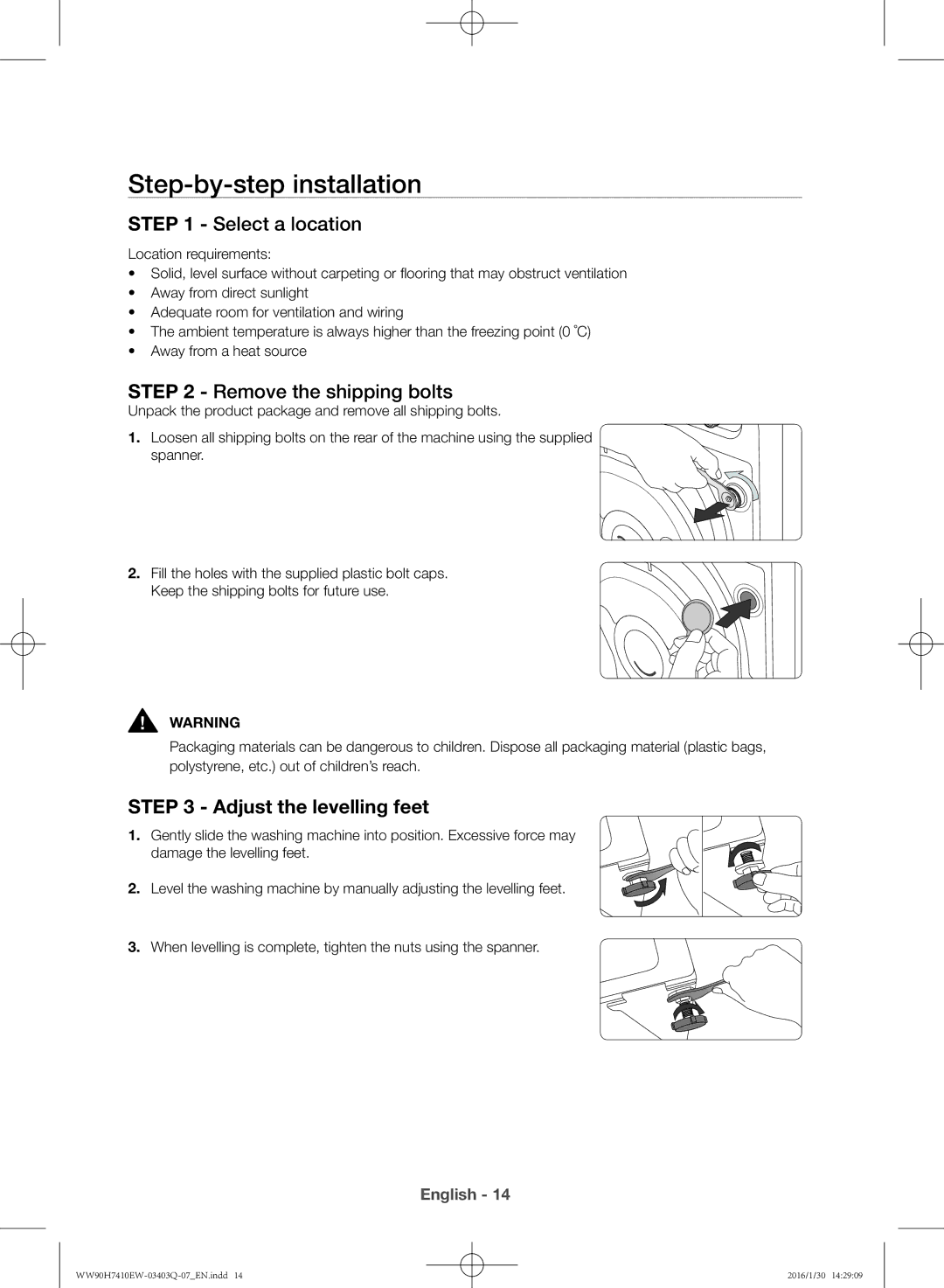 Samsung WW80H7410EW/EU manual Step-by-step installation, Adjust the levelling feet 