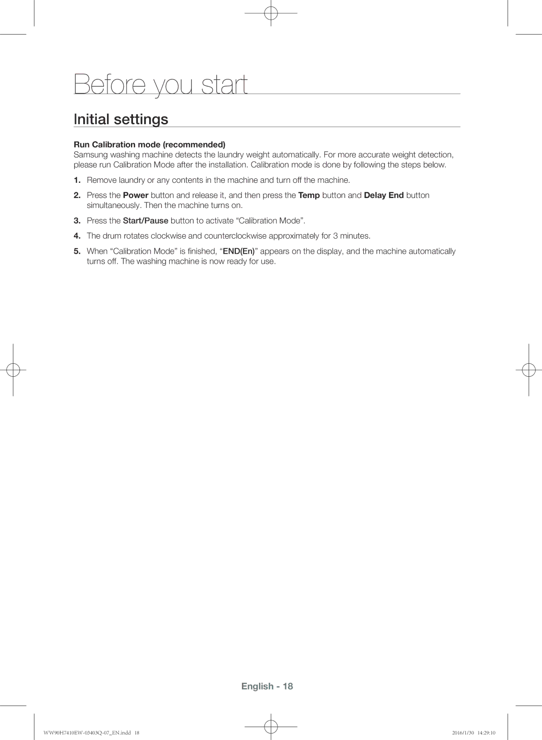 Samsung WW80H7410EW/EU manual Before you start, Lnitial settings, Run Calibration mode recommended 