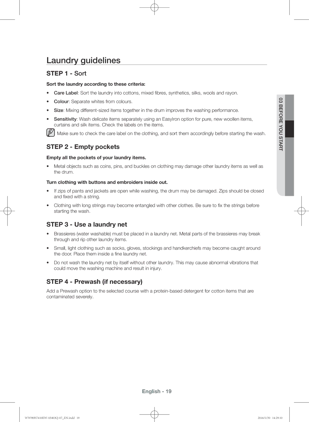 Samsung WW80H7410EW/EU manual Laundry guidelines, Sort, Empty pockets, Use a laundry net, Prewash if necessary 