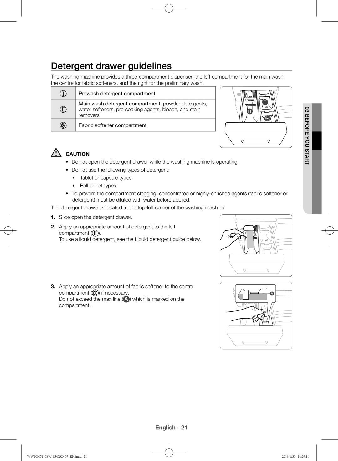 Samsung WW80H7410EW/EU manual Detergent drawer guidelines 