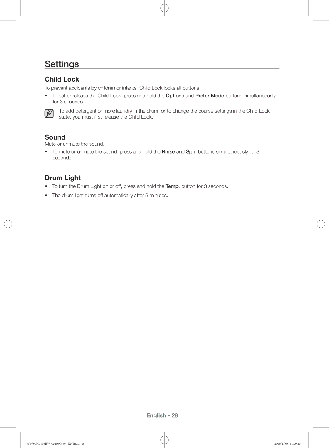 Samsung WW80H7410EW/EU manual Settings, Child Lock, Sound, Drum Light 