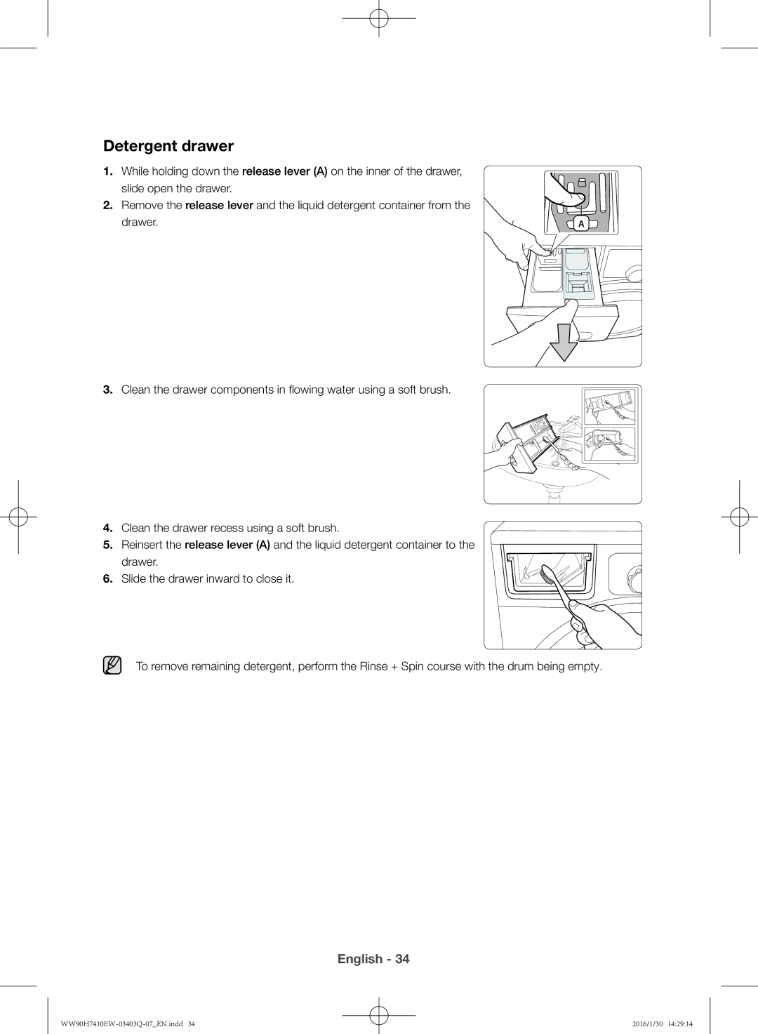 Samsung WW80H7410EW/EU manual Detergent drawer, Drawer 