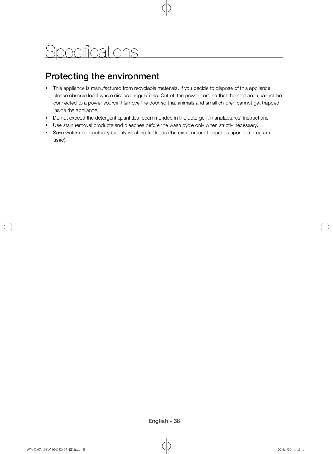 Samsung WW80H7410EW/EU manual Specifications, Protecting the environment 