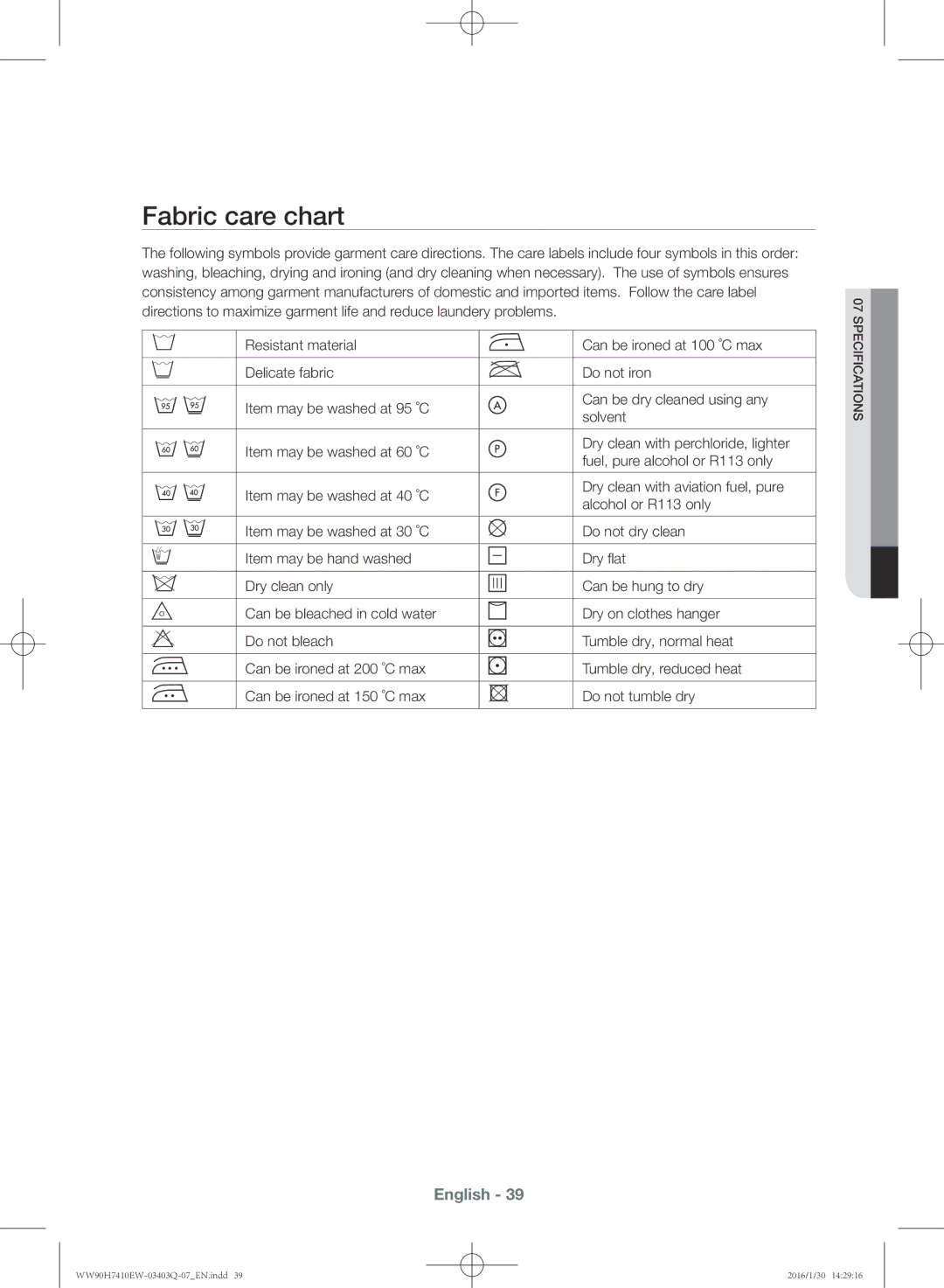 Samsung WW80H7410EW/EU manual Fabric care chart 