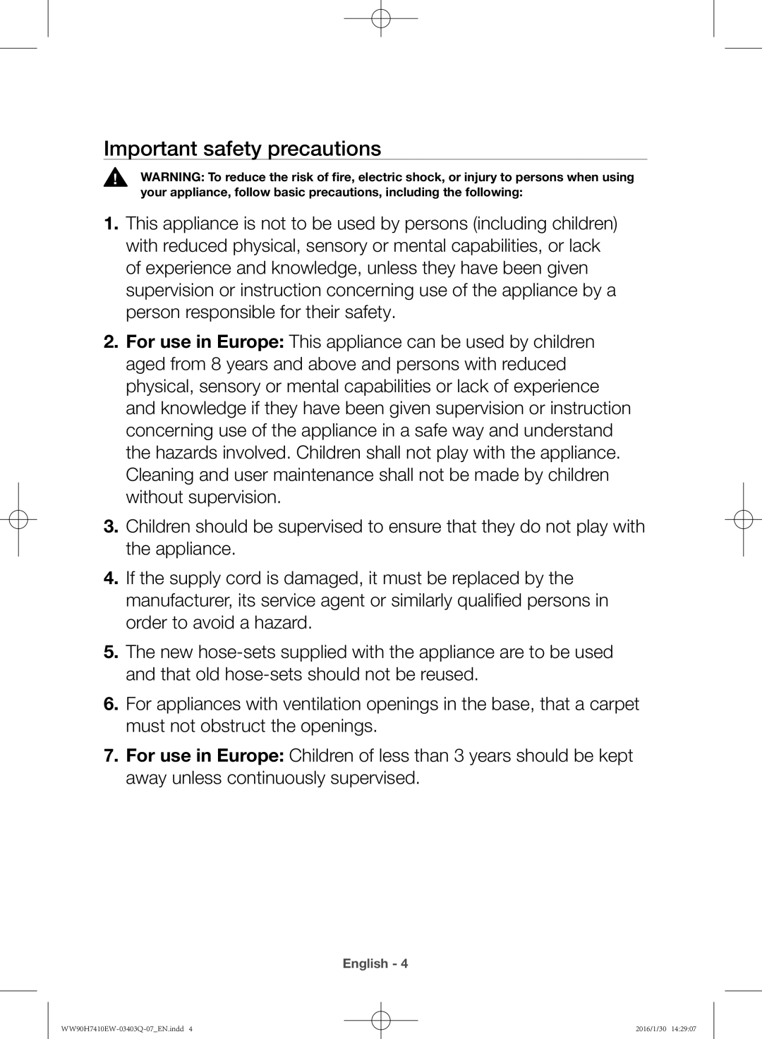 Samsung WW80H7410EW/EU manual Important safety precautions 