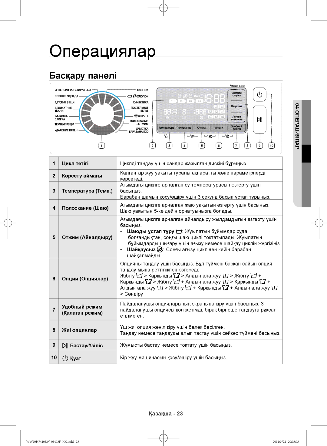 Samsung WW90H7410EW/LP, WW80H7410EW/LP manual Операциялар, Басқару панелі, Полоскание Шаю, Опции Опциялар 