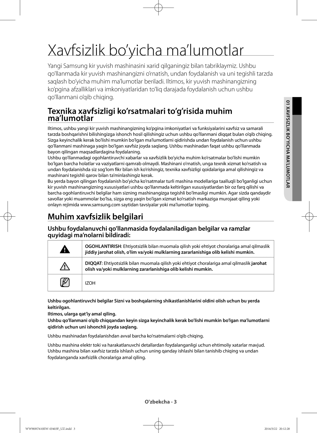 Samsung WW90H7410EW/LP manual Xavfsizlik bo’yicha ma’lumotlar, Muhim xavfsizlik belgilari, Xavfsizlik BO’YICHA MA’LUMOTLAR 