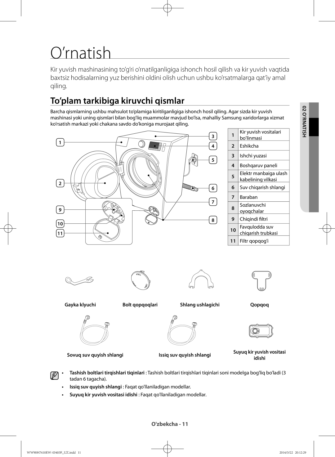 Samsung WW90H7410EW/LP manual ’rnatish, To’plam tarkibiga kiruvchi qismlar, Gayka klyuchi Bolt qopqoqlari Shlang ushlagichi 