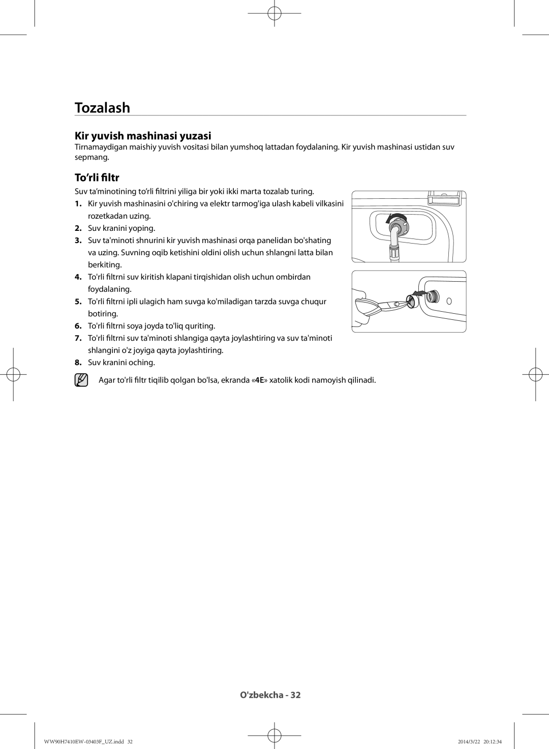 Samsung WW80H7410EW/LP, WW90H7410EW/LP manual Tozalash, Kir yuvish mashinasi yuzasi, To’rli filtr 